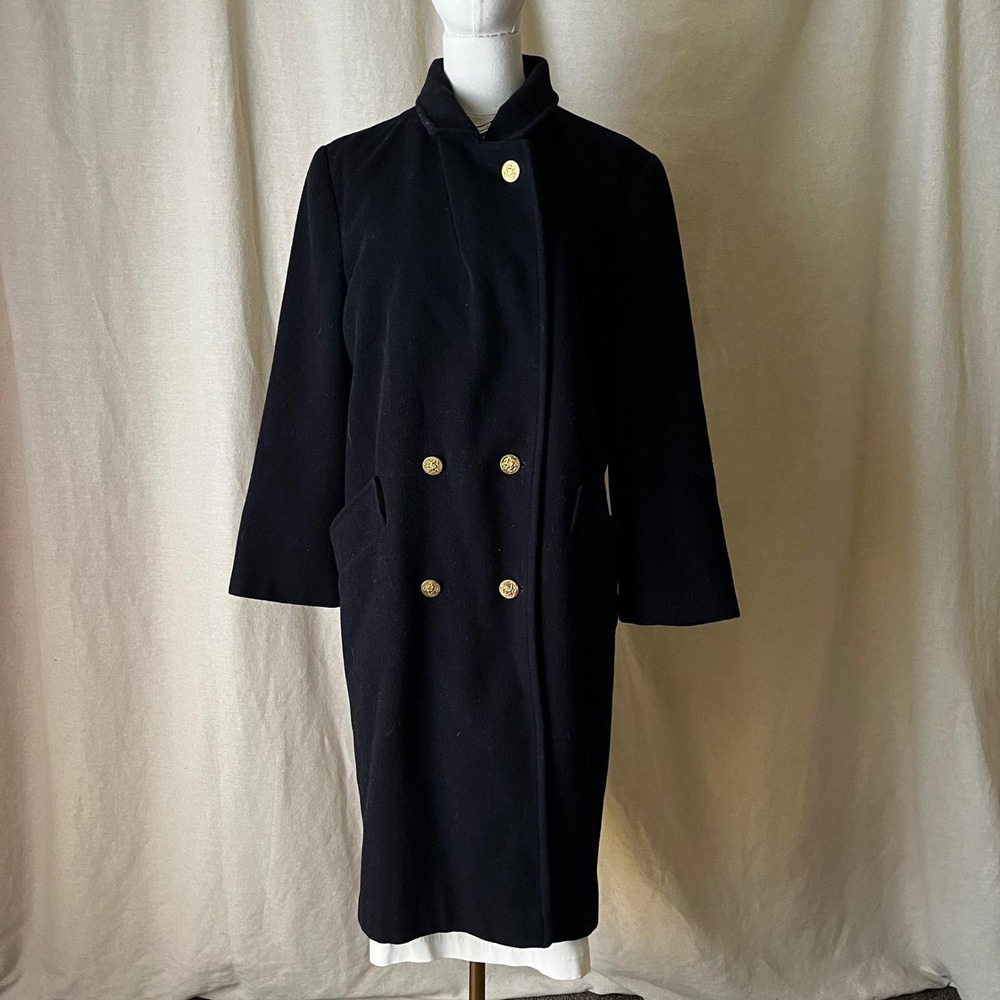 Vintage Forrester Boston Black Double Breasted Wool Coat Gold Buttons USA 10